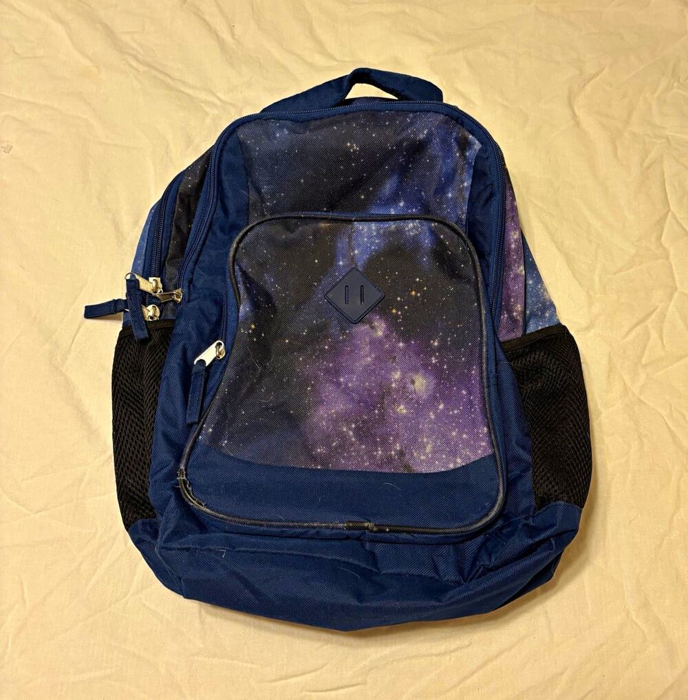 Blue/Purple/Black Galaxy Print Hiking Backpack Zip, Adjustable Straps